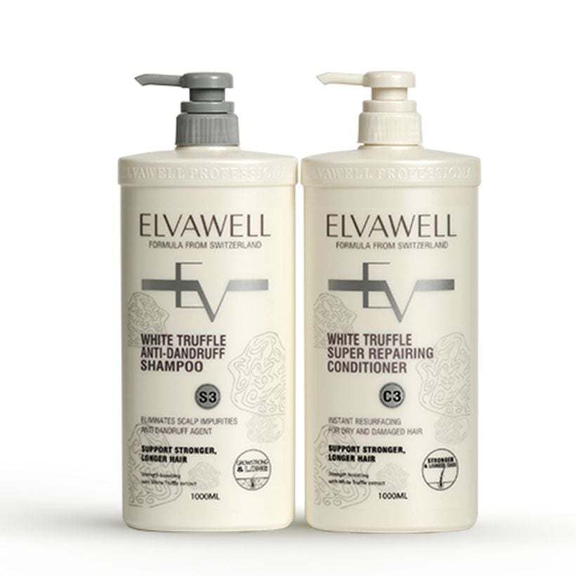 Cặp gội xả Elvawell giúp hỗ trợ làm sạch bong tróc, vảy gàu, vi nấm 500ml (trắng)