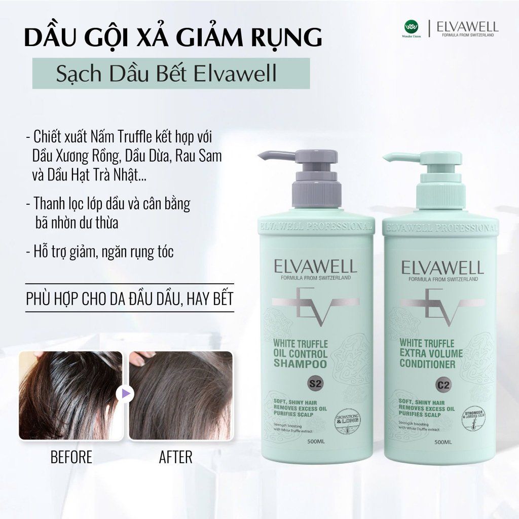 Cặp Gội Xả Giảm Rụng Tóc Sạch Dầu Bết Elvawell 500ml (Xanh)