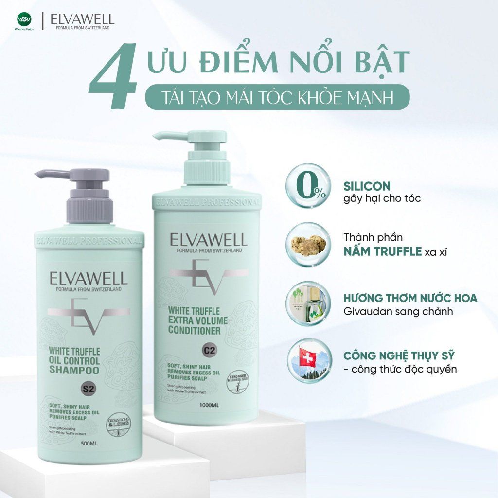 Cặp Gội Xả Giảm Rụng Tóc Sạch Dầu Bết Elvawell 500ml (Xanh)
