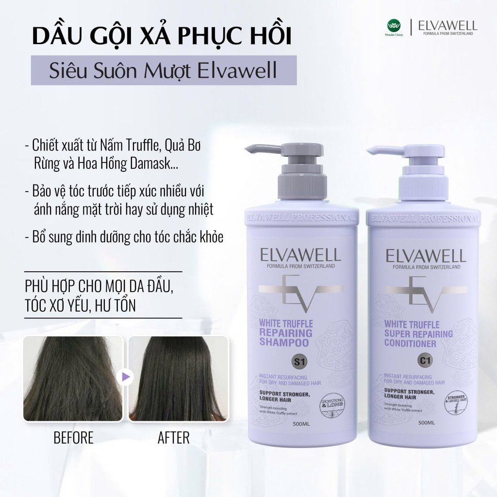 Cặp gội xả phục hồi hư tổn siêu suôn mượt Elvawell 500ml (tím)