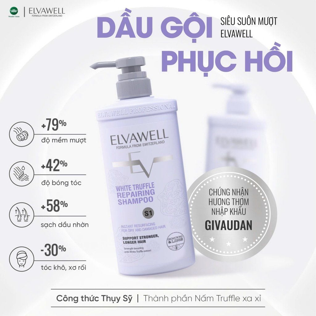 Cặp gội xả phục hồi hư tổn siêu suôn mượt Elvawell 500ml (tím)