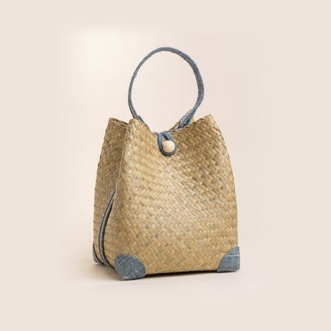 Túi đan tay cỏ bàng phối vải lanh, Huế / Seagrass hemp handbag