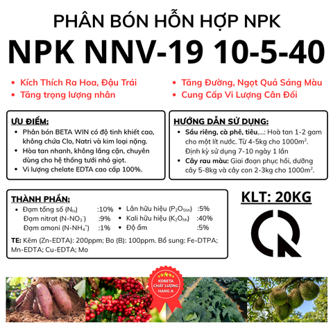  Beta Win NPK 10-5-40 - Phân Bón Hỗn Hợp NPK NNV-19 Bao 20kg 