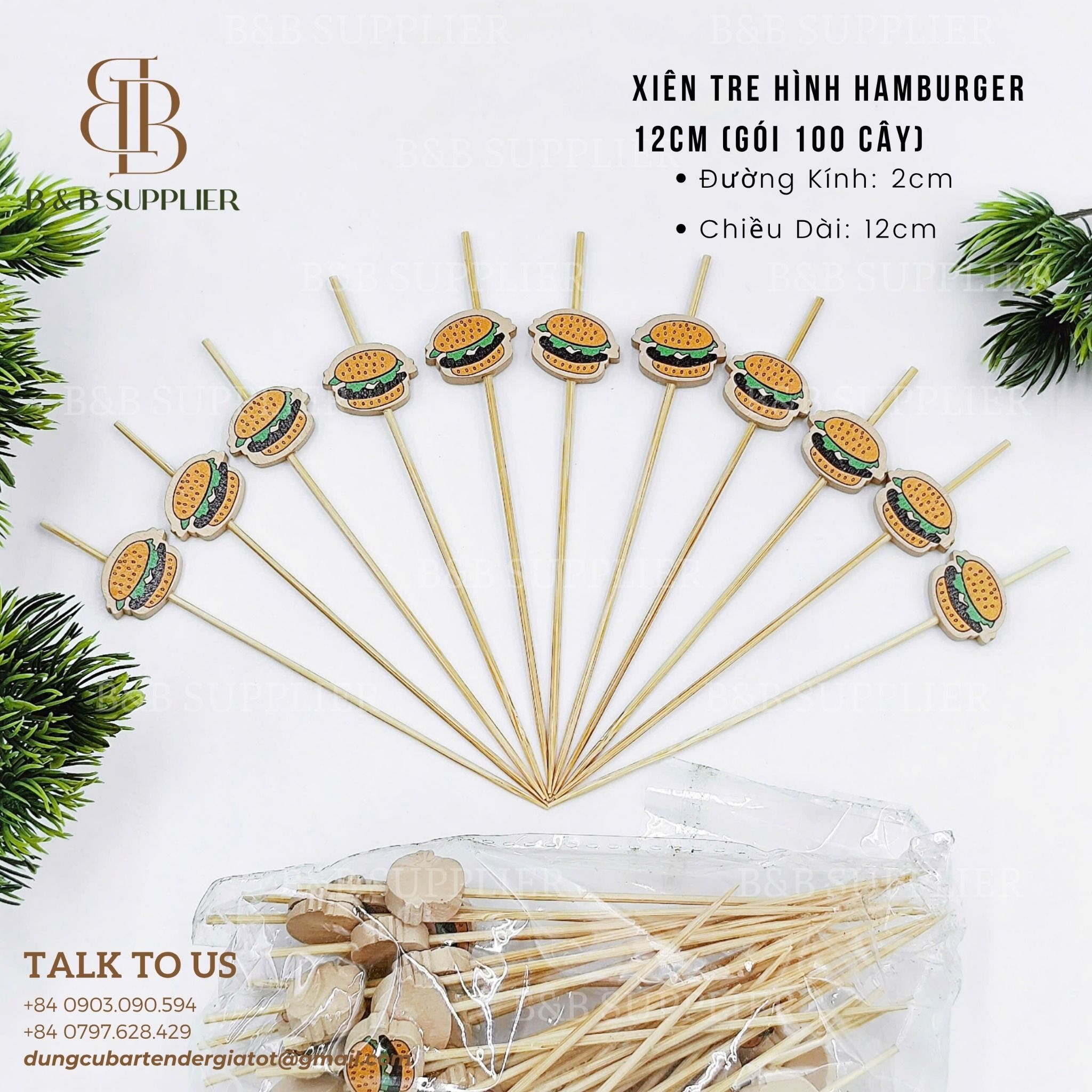  Xiên Tre Hình Hamburger 12cm (Gói 100 Cây) 