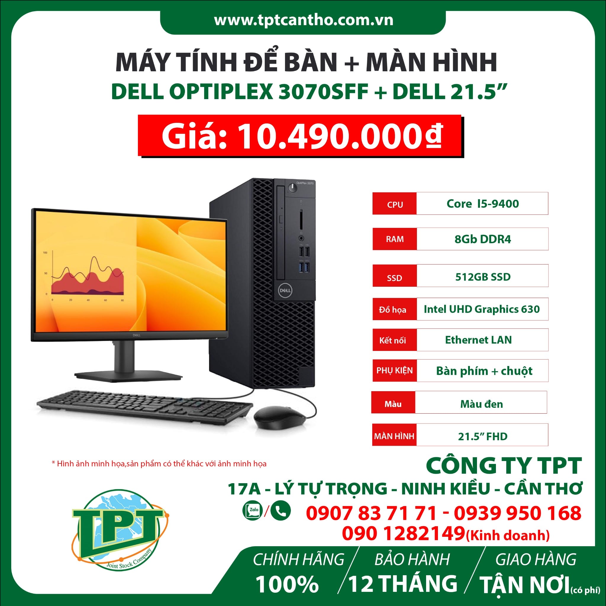 Máy tính để bàn DELL OPTIPLEX 3070SFF (I5-9400 (9M, upto 4.1Ghz)/ 8G/ SSD 512GB) + Màn hình Dell 21.5