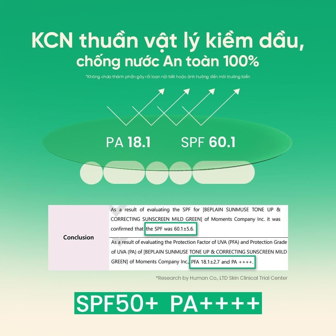  Kem chống nắng Beplain Sunmuse Tone Up & Correcting Sunscreen Mild Green SPF50+ PA++++ 50ml 