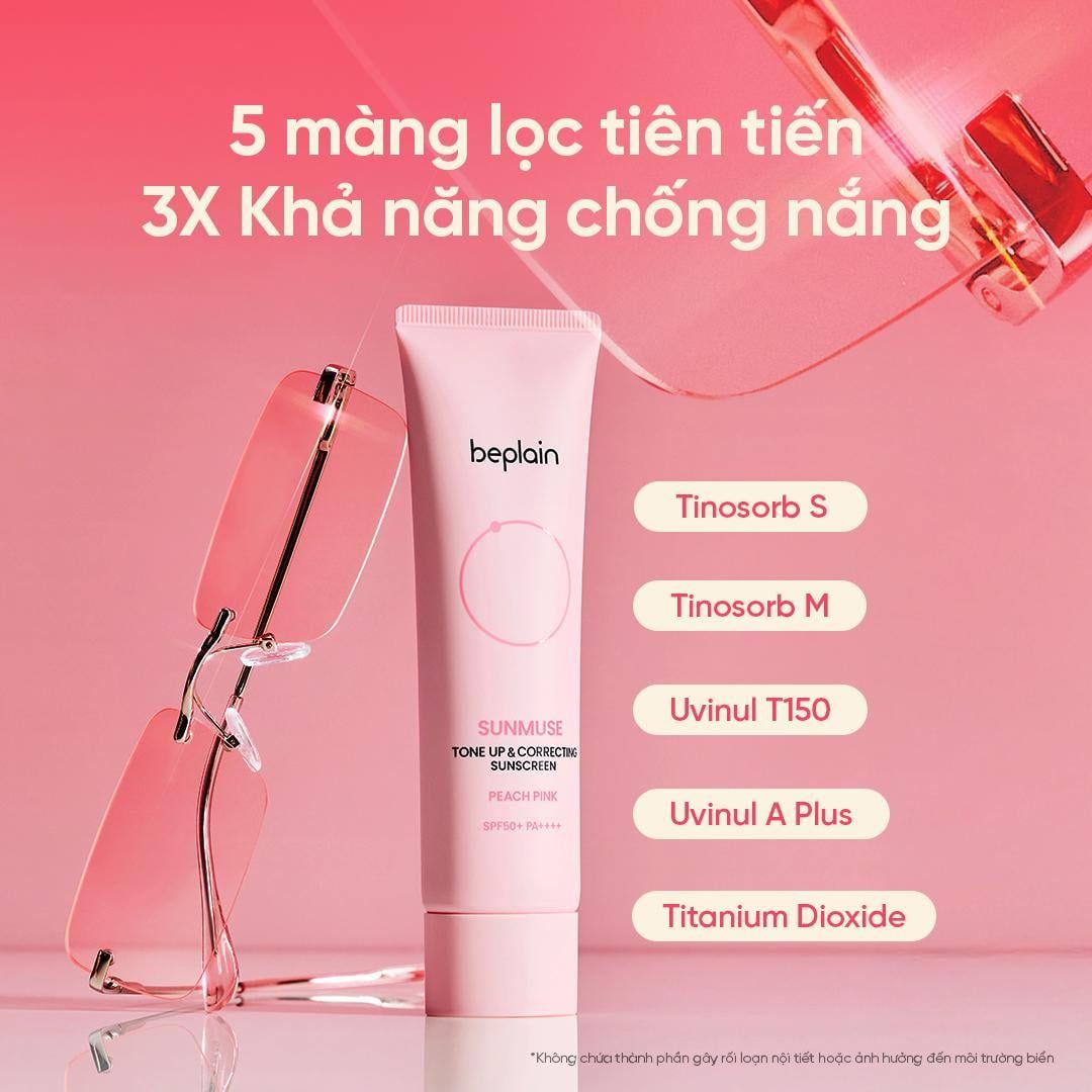  Kem Chống Nắng Beplain Nâng tone hồng rạng rỡ Sunmuse Tone Up & Correcting Sunscreen Peach Pink SPF50+ PA++++ 50ml 
