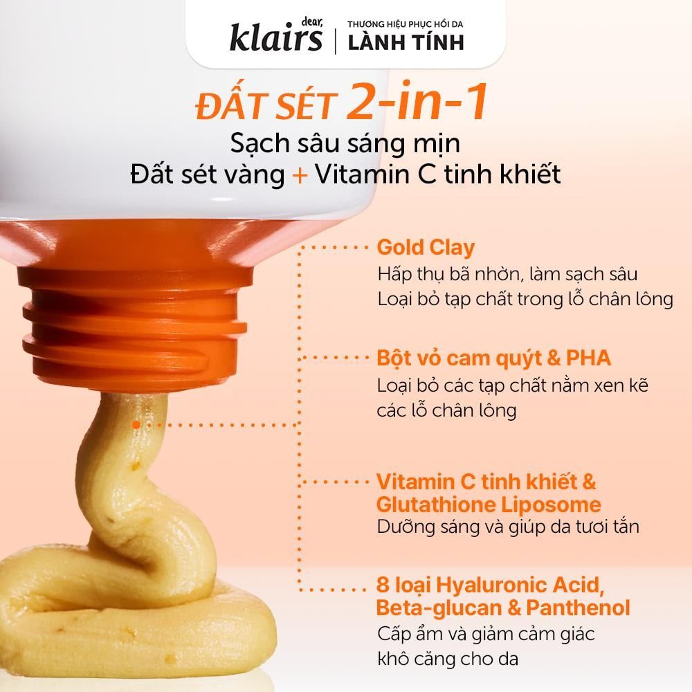  Dear, Klairs Sữa rửa mặt Freshly Juiced Vitamin Mask Cleanser hỗ trợ làm sáng da 150ml 