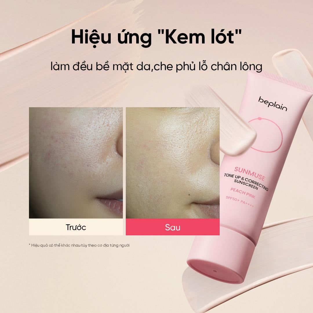  Kem Chống Nắng Beplain Nâng tone hồng rạng rỡ Sunmuse Tone Up & Correcting Sunscreen Peach Pink SPF50+ PA++++ 50ml 