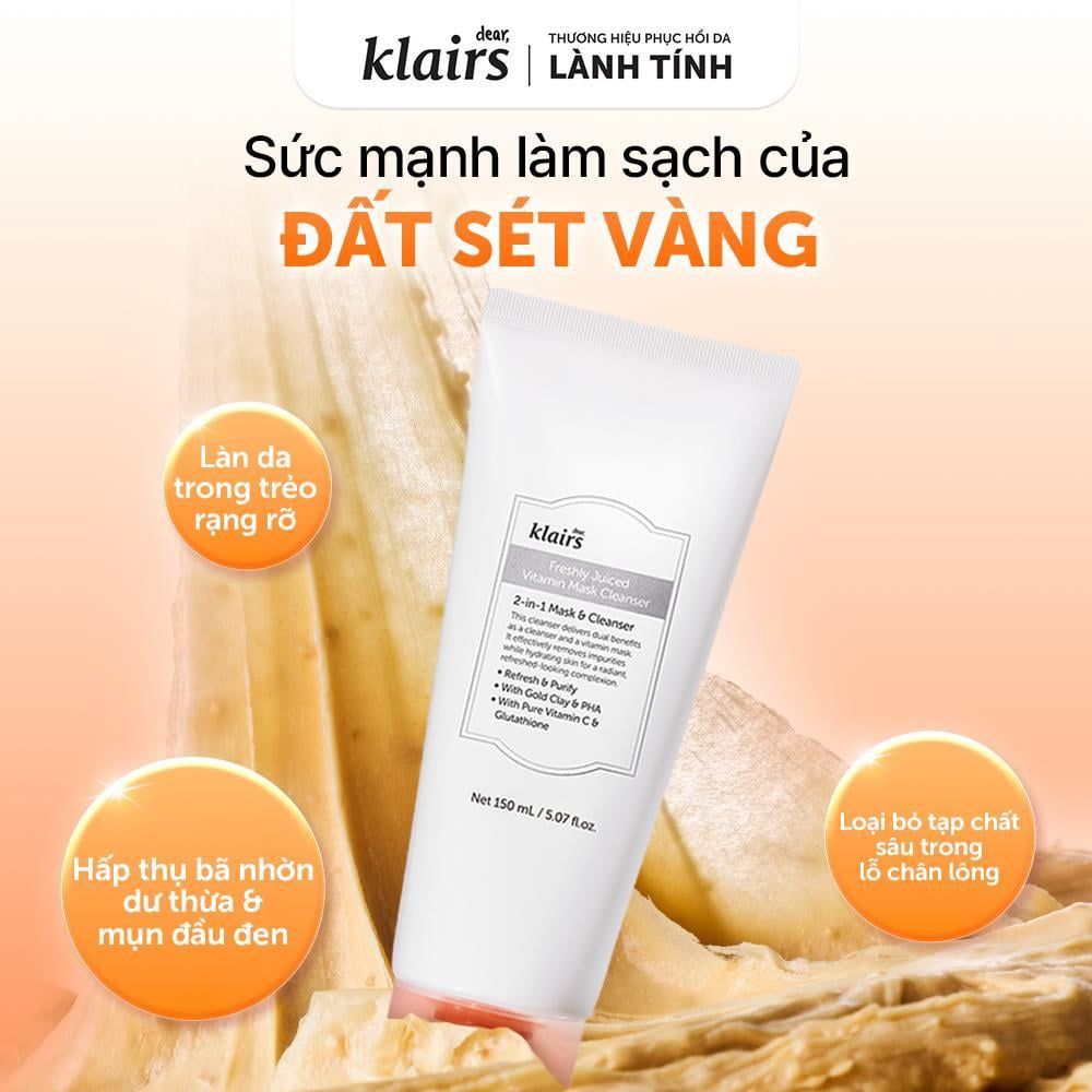  Dear, Klairs Sữa rửa mặt Freshly Juiced Vitamin Mask Cleanser hỗ trợ làm sáng da 150ml 