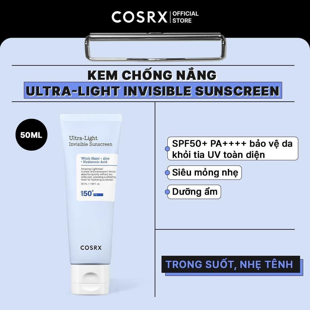  COSRX Kem Chống Nắng Hóa Học Trong Suốt Ultra-Light Invisible Sunscreen SPF 50+PA++++ 50ml 