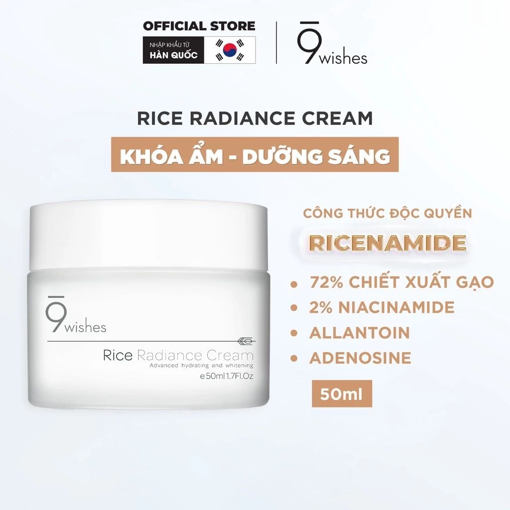  Kem Dưỡng 9 Wishes Rice Radiance Cream 50ml hỗ trợ dưỡng ẩm và làm đều màu da 