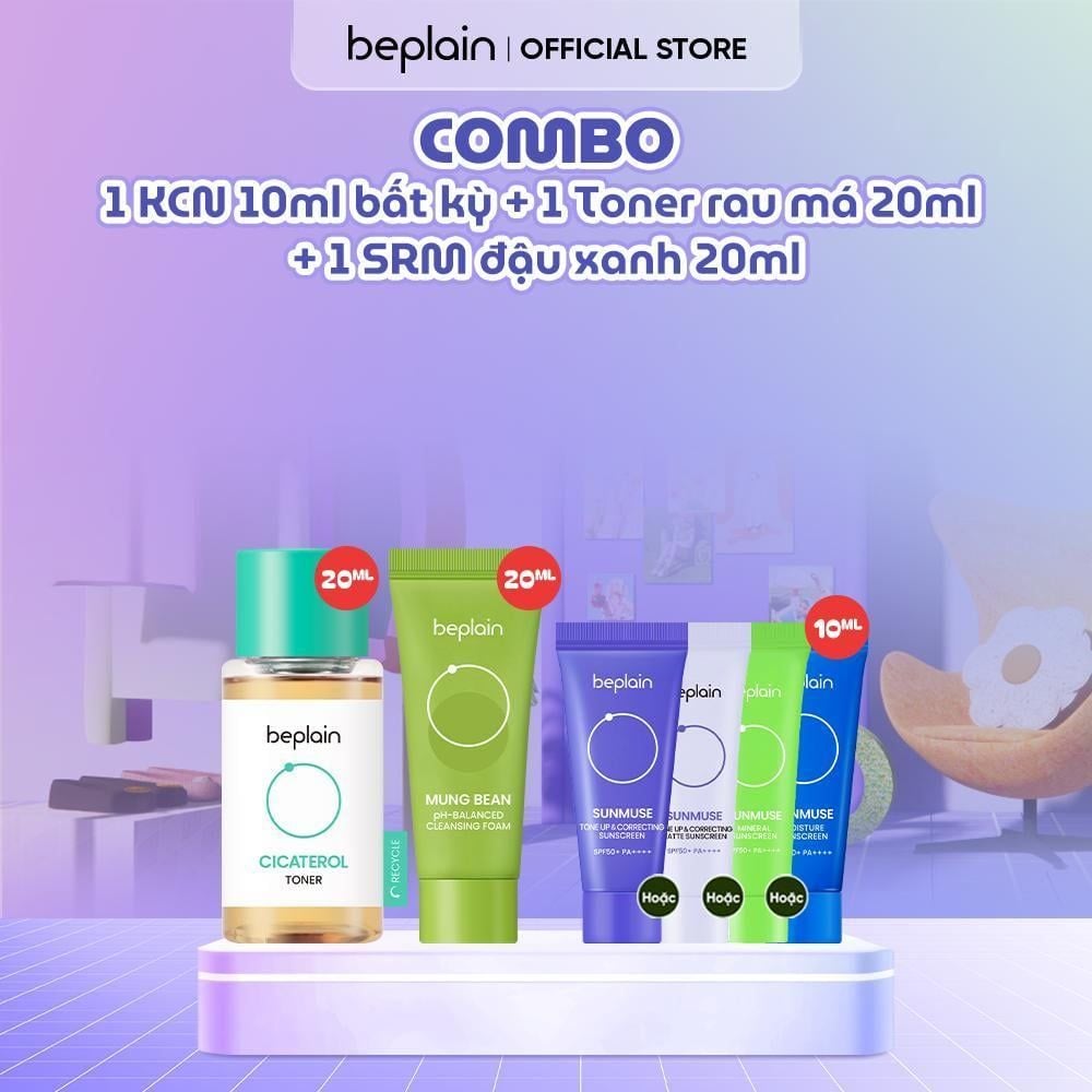  COMBO TRAVELSIZE BEPLAIN 01 Kem chống nắng Sunmuse 10ml bất kỳ + 01 Sữa rửa mặt Mung Bean 20ml + 01 Nước hoa hồng Cicaterol Toner 20ml 