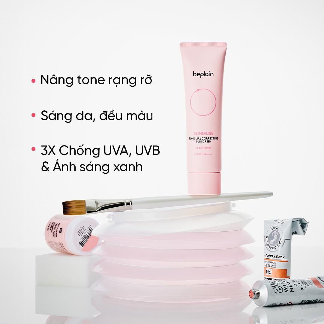  Kem Chống Nắng Beplain Nâng tone hồng rạng rỡ Sunmuse Tone Up & Correcting Sunscreen Peach Pink SPF50+ PA++++ 50ml 