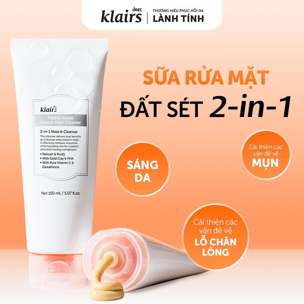  Dear, Klairs Sữa rửa mặt Freshly Juiced Vitamin Mask Cleanser hỗ trợ làm sáng da 150ml 