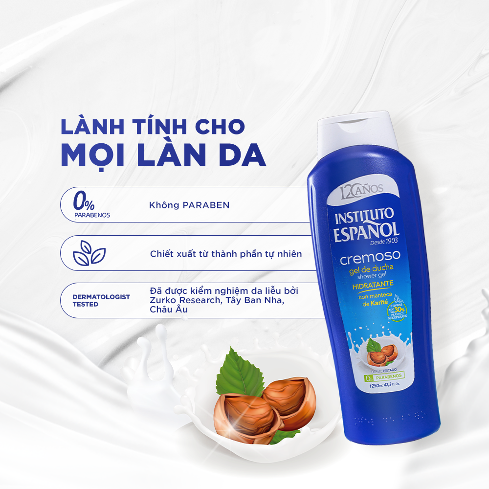  Instituto Español Gel tắm Cremoso Gel De Ducha 1250ml Chiết Xuất Bơ Hạt Mỡ Hỗ Trợ Cấp Ẩm Sâu, Làm Mịn Da 