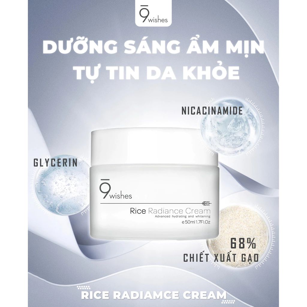  Kem Dưỡng 9 Wishes Rice Radiance Cream 50ml hỗ trợ dưỡng ẩm và làm đều màu da 