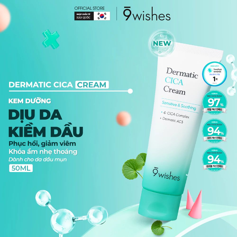  [DATE 07/2027] Kem dưỡng cấp ẩm và phục hồi da 9 Wishes Dermatic Cica Cream 50ml 