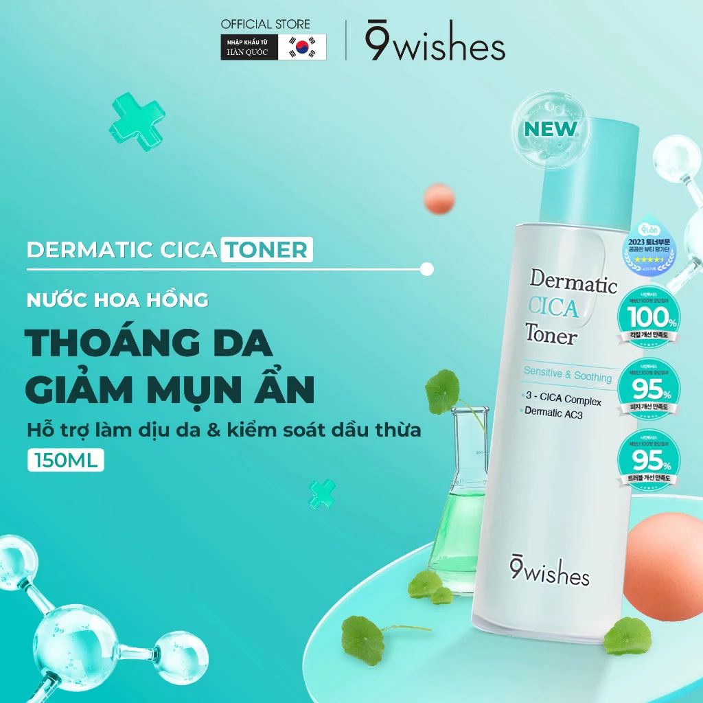  [DATE T8/2027] Nước hoa hồng 9 Wishes Dermatic Cica Toner kiềm dầu, thoáng da, làm dịu 