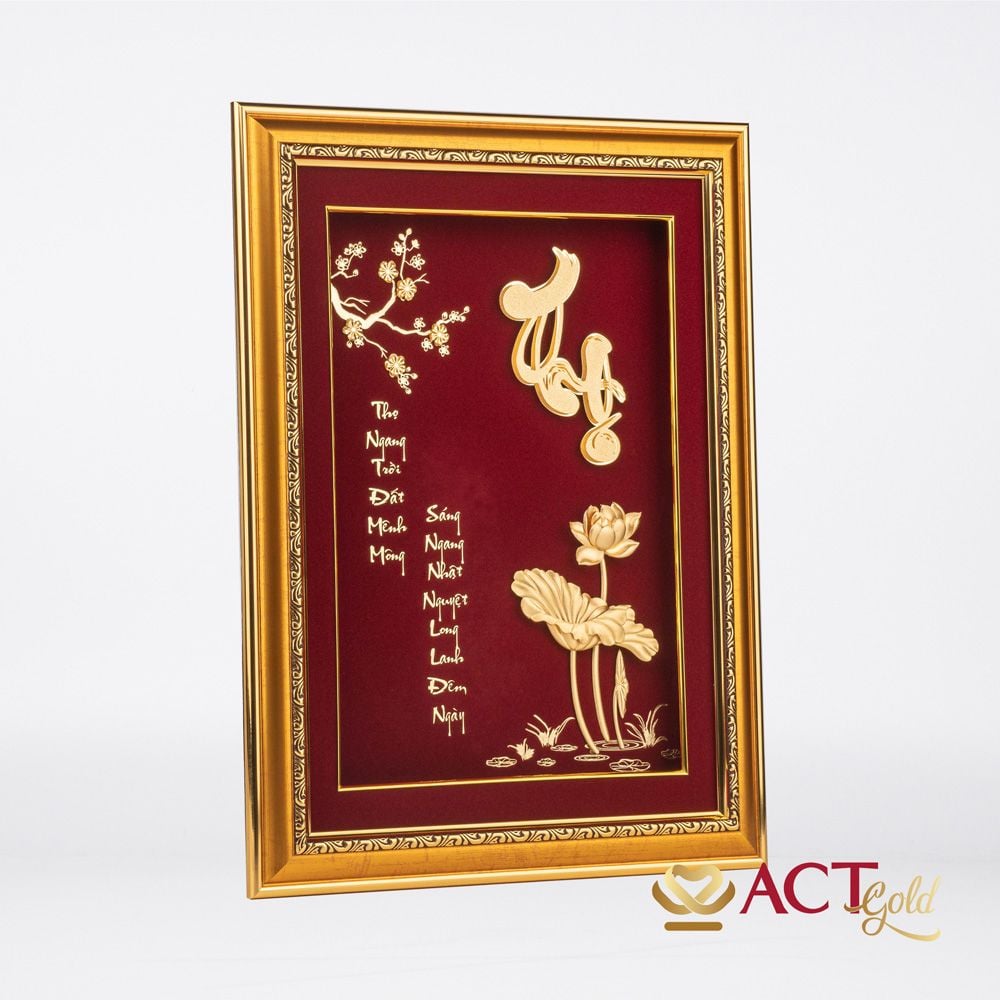 Quà tặng Tranh Chữ Thọ Hoa Sen dát vàng 24k ACT GOLD ISO 9001:2015