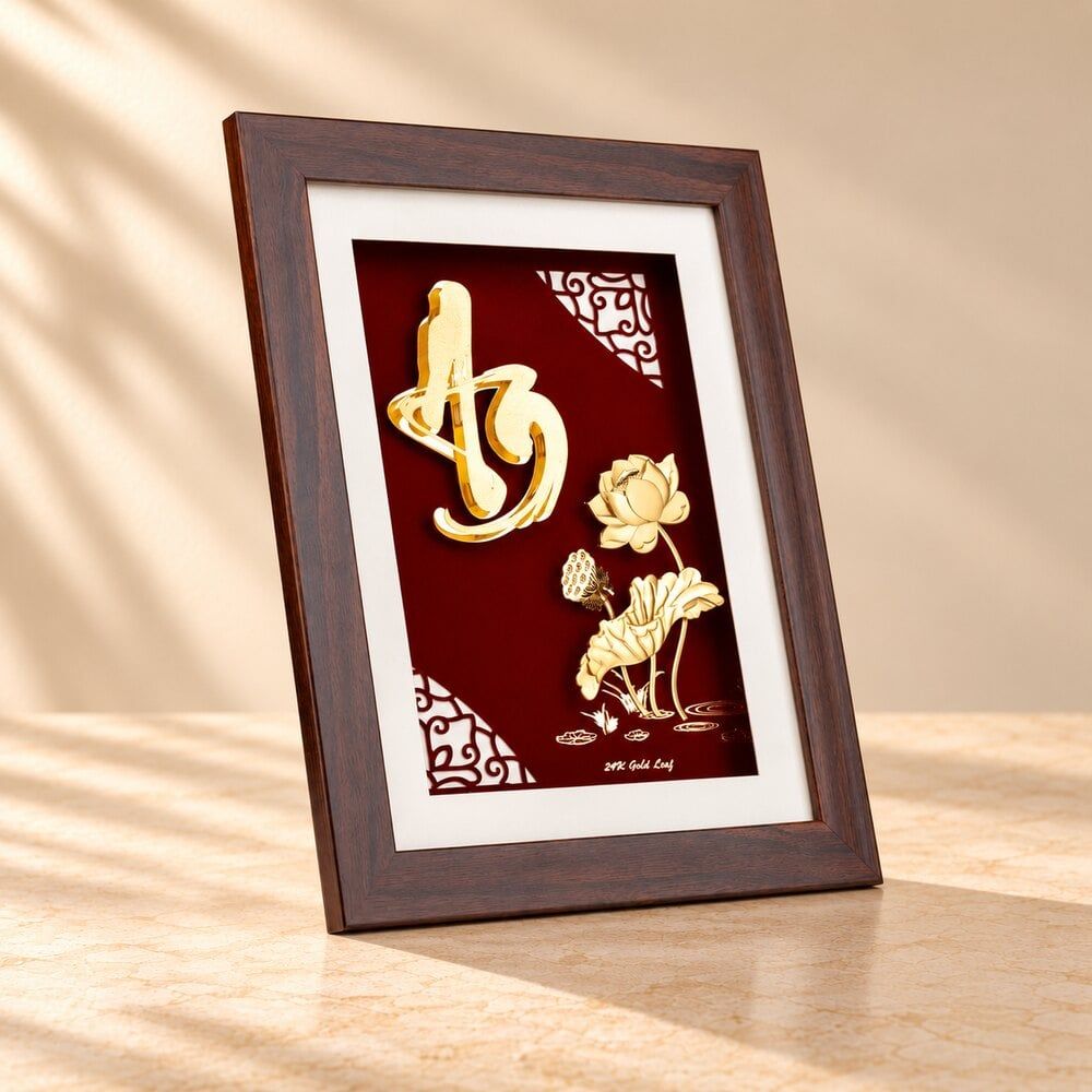 Tranh Chữ An Hoa Sen dát vàng 24k