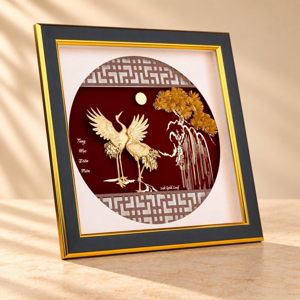 tranh Đôi Chim Hạc dát vàng 24k