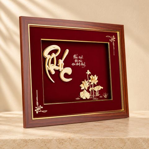 Tranh Chữ Phúc Hoa Sen dát vàng 24k