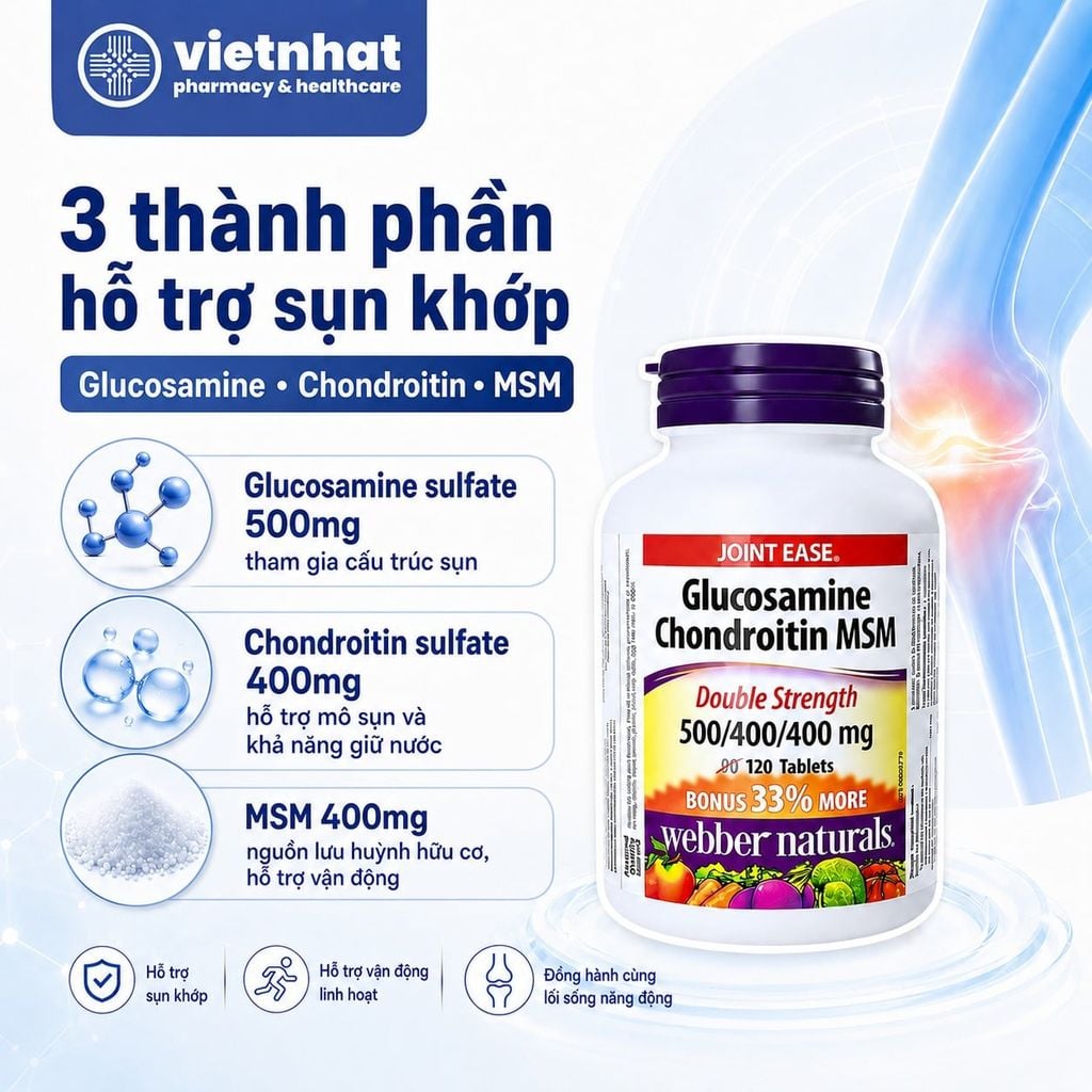 Webber Naturals Glucosamine Sulfate Chondroitin MSM (Glucosamine Webber) Nhập Khẩu Chính Hãng, Lọ 120 viên