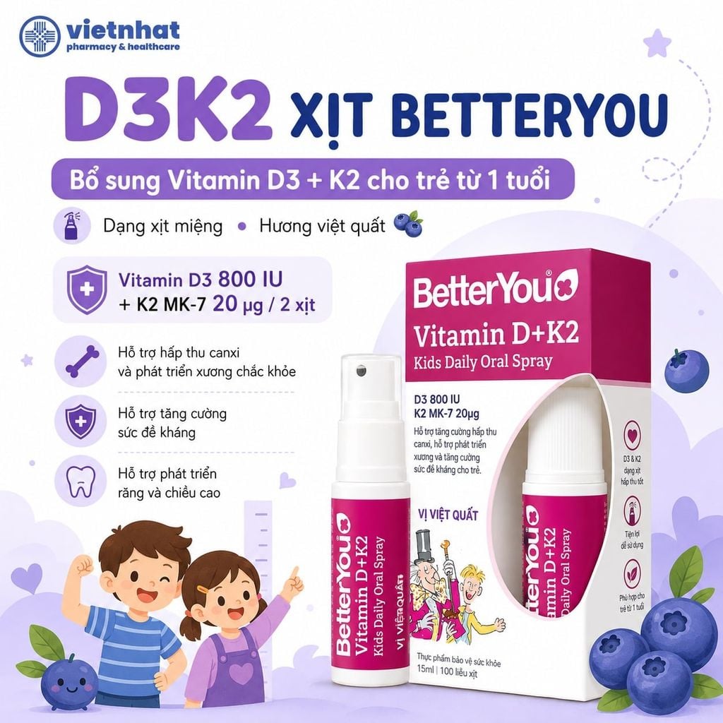 D3K2 Better You Dạng Xịt: Bổ sung vitamin D3K2 cho trẻ từ 1 tuổi, chai 15ml