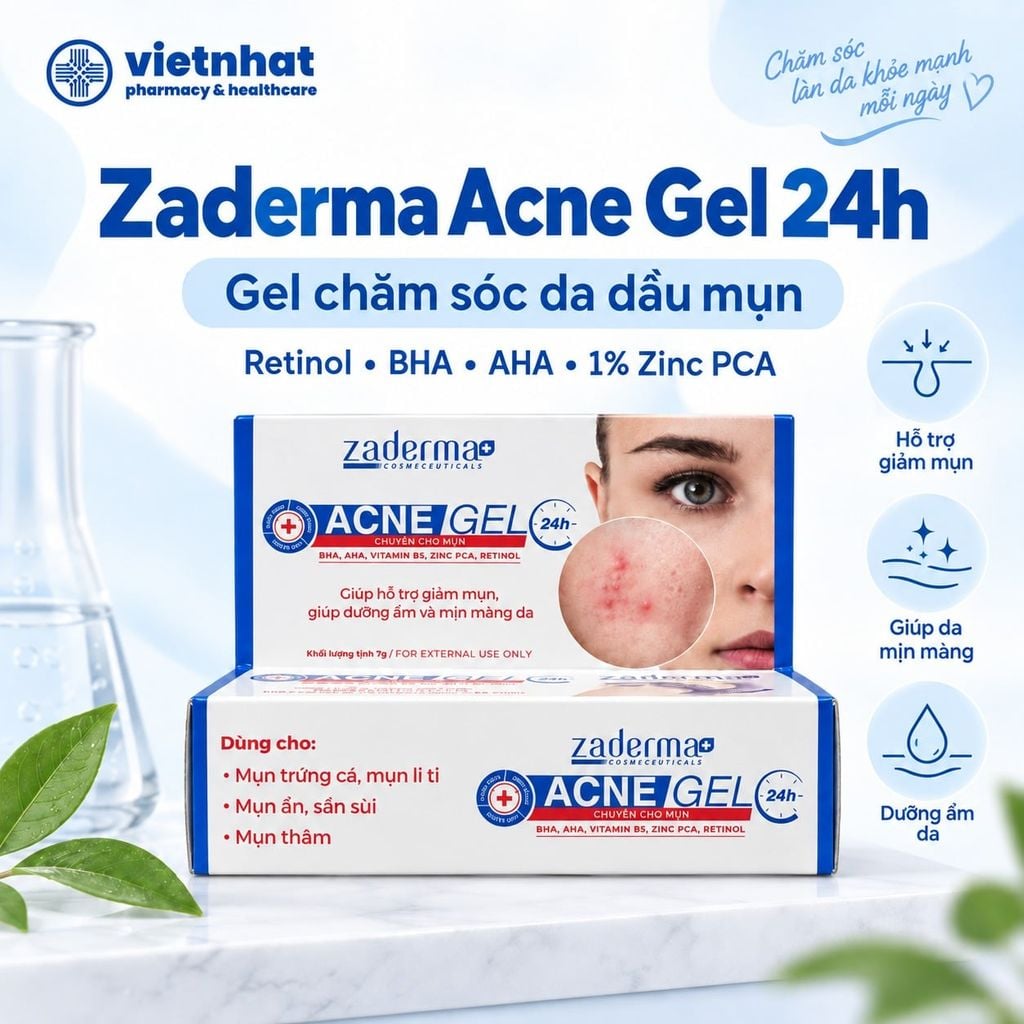 Zaderma Acne Gel 24h Tuýp 7g - Hỗ trợ ngăn ngừa mụn, giảm mụn, mờ thâm