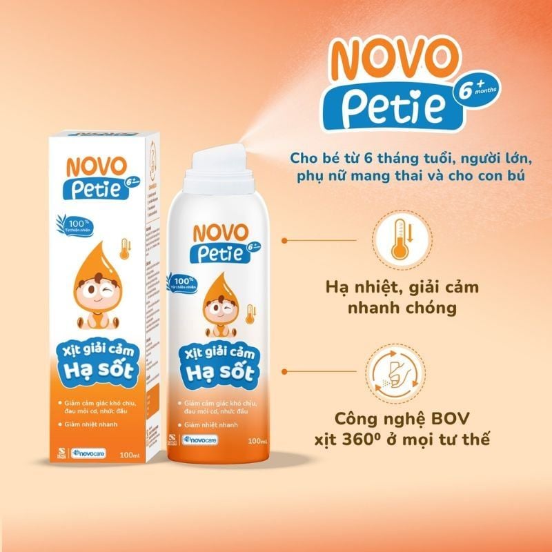 Xịt giải cảm hạ sốt Novopetie - Hỗ trợ hạ sốt, giảm khó chịu do cảm cúm cho trẻ từ 6 tháng tuổi