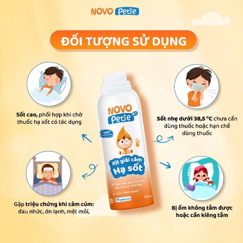Xịt giải cảm hạ sốt Novopetie - Hỗ trợ hạ sốt, giảm khó chịu do cảm cúm cho trẻ từ 6 tháng tuổi