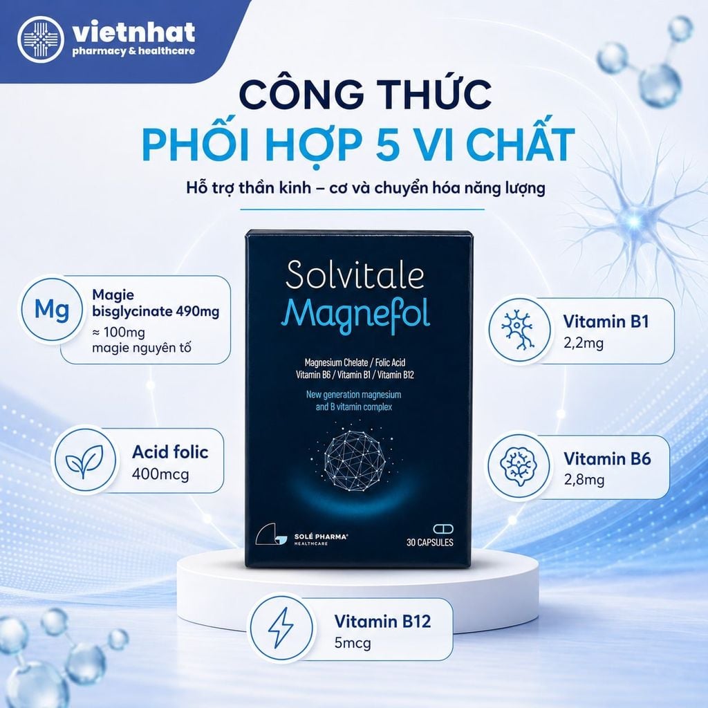 Solvitale Magnefol (Magie Xanh) - Hỗ Trợ Giảm Căng Thẳng, Cải Thiện Giấc Ngủ, Hộp 30 Viên
