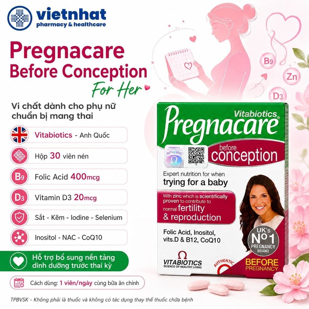 Viên uống tăng khả năng thụ thai Pregnacare cho nữ (bổ trứng)/ cho cả nam và nữ - Nhập khẩu chính hãng
