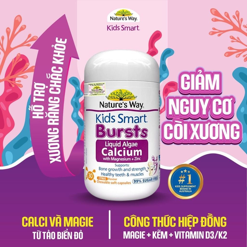 Nature's Way Bursts Calcium With Magnesium + Zinc, Viên Nhai Bổ Sung Canxi Cho Trẻ Từ 6 Tháng Tuổi