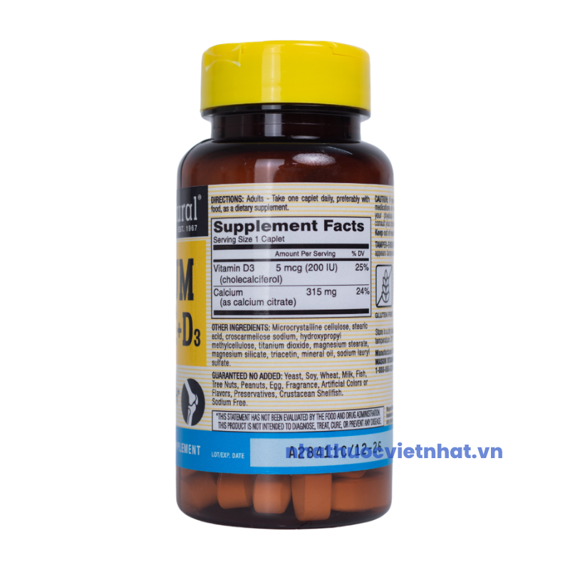 Mason Natural Calcium Citrate + D3 — Bổ Sung Canxi Hữu Cơ Mỹ Chính Hãng Từ Mỹ, lọ 60 viên