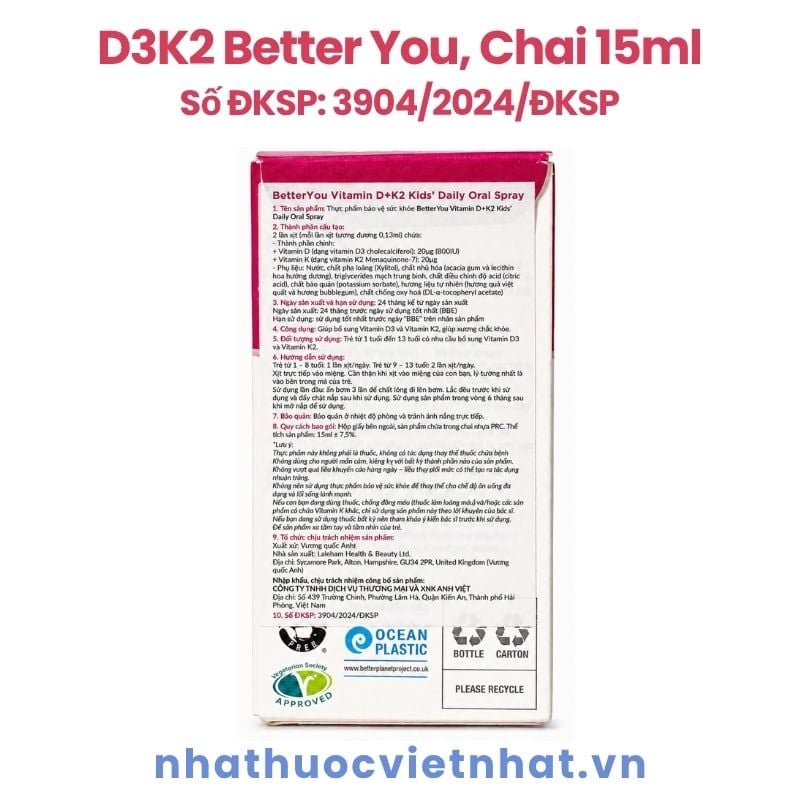 D3K2 Better You Dạng Xịt: Bổ sung vitamin D3K2 cho trẻ từ 1 tuổi, chai 15ml