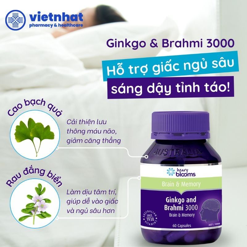 Viên uống bổ não Ginkgo and Brahmi 3000 Henry Blooms, hoạt huyết, cải thiện tuần hoàn não, hộp 30 viên