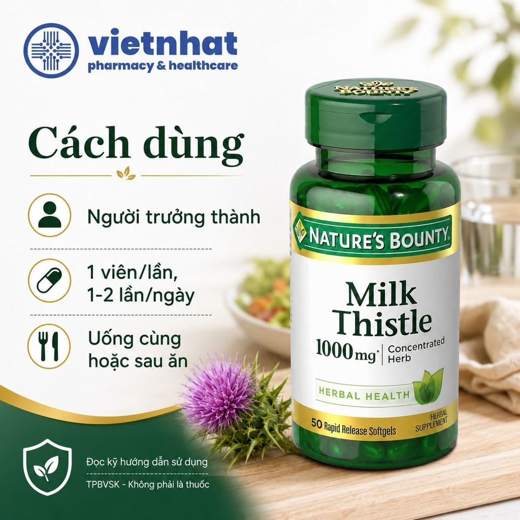 Nature's Bounty Milk Thistle 1000mg - Hỗ trợ giải độc gan, tăng cường chức năng gan từ Mỹ, Lọ 50 viên