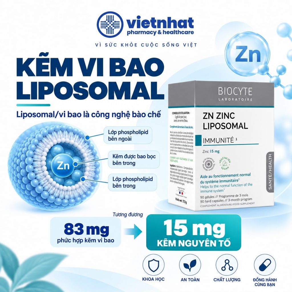 Zn Zinc Liposomal - Bổ sung kẽm cho người lớn và trẻ từ 10 tuổi trở lên, hộp 90 viên
