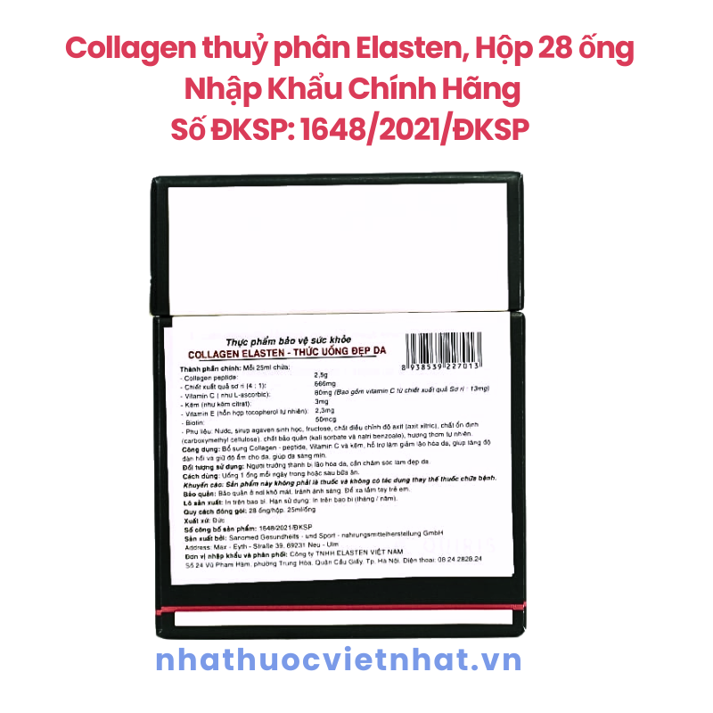Collagen thuỷ phân Elasten làm đẹp và trẻ hoá làn da số 1 của Đức, hộp 28 ống uống 28 ngày
