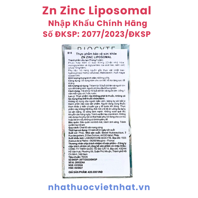 Viên Uống Bổ Sung Kẽm Zn Zinc Liposomal, Hỗ Trợ Giảm Mụn Hiệu Quả