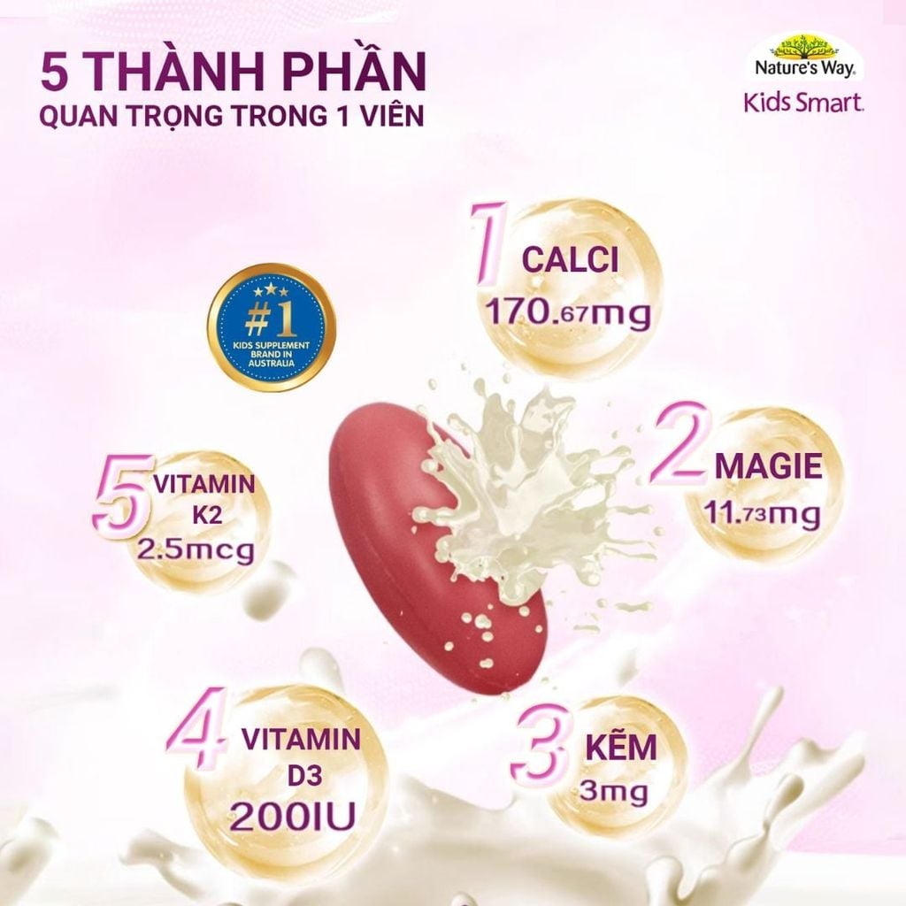 Nature's Way Bursts Calcium With Magnesium + Zinc, Viên Nhai Bổ Sung Canxi Cho Trẻ Từ 6 Tháng Tuổi