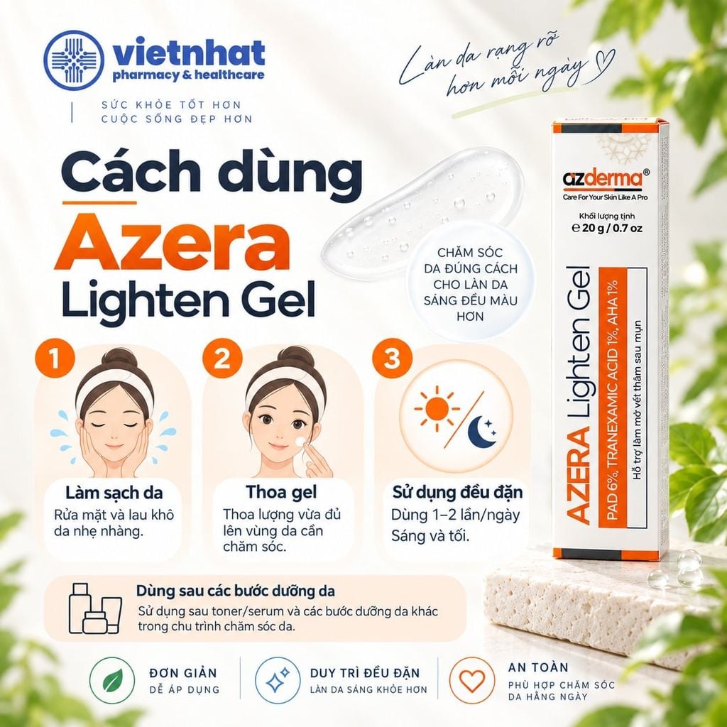 Azera Lighten Gel 20g - Gel dưỡng hỗ trợ giảm thâm sau mụn, cấp ẩm sáng da