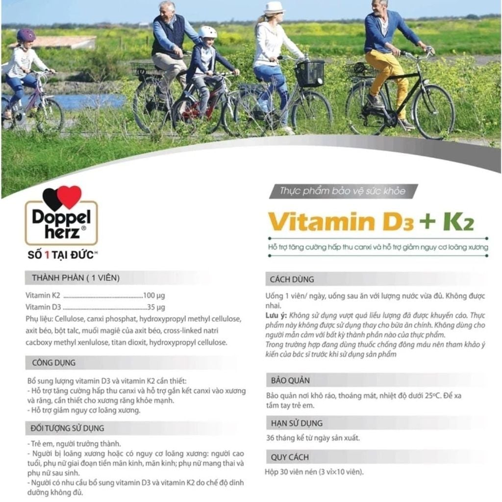 Vitamin D3K2 Doppelherz - Hỗ Trợ Hấp Thu Canxi, Giúp Xương Chắc Khoẻ Cho Người Trưởng Thành