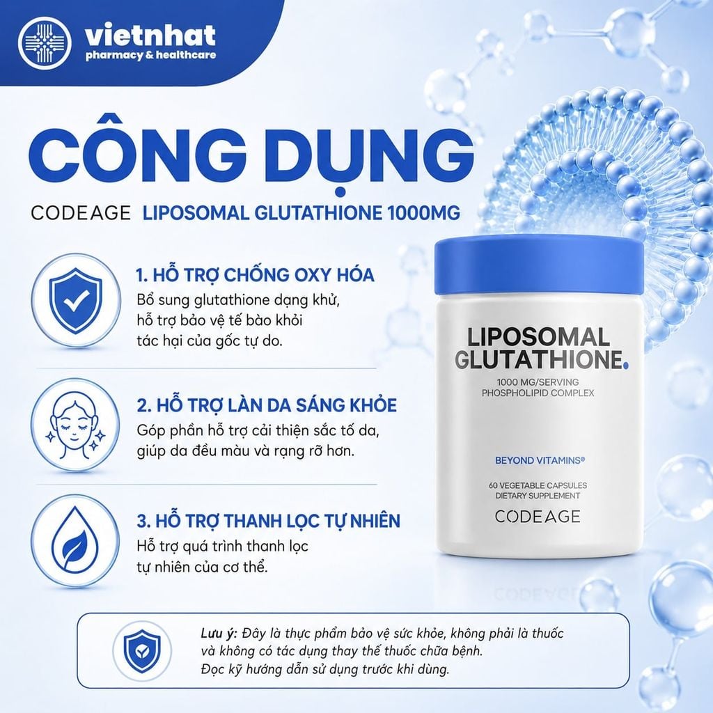 Codeage Liposomal Glutathione 1000mg - Hỗ trợ chống oxy hóa, giúp da sáng khỏe, hộp 60 viên