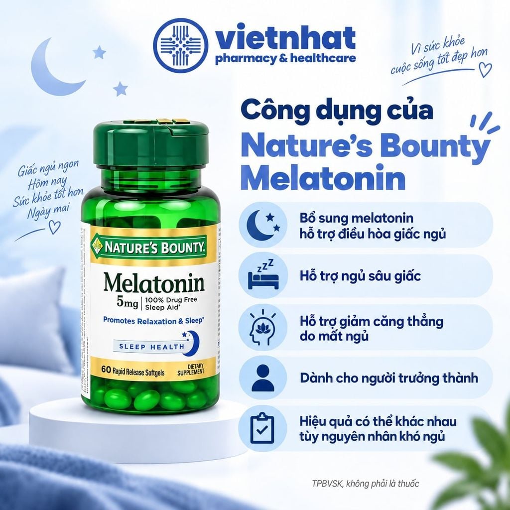 Nature’s Bounty Melatonin 5mg - Viên uống hỗ trợ điều hòa giấc ngủ từ Mỹ, lọ 60 viên