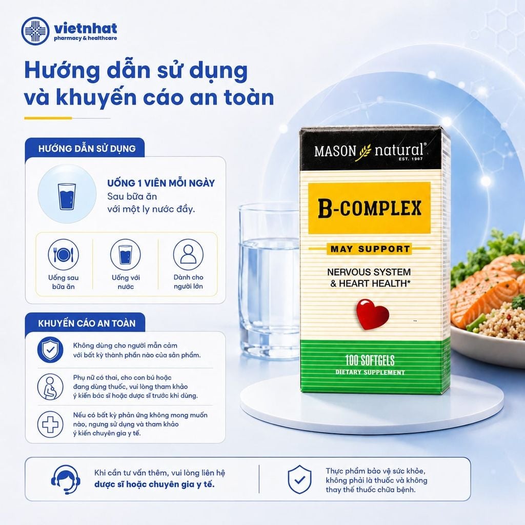 B-Complex Mason Natural - Viên uống bổ sung vitamin nhóm B cho người trưởng thành, Lọ 100 viên
