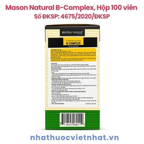 B-Complex Mason Natural - Viên uống bổ sung vitamin nhóm B cho người trưởng thành, Lọ 100 viên