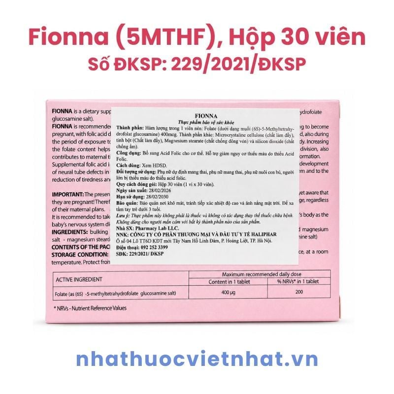 Fionna (5-MTHF) – Bổ sung acid folic (vitamin B9) dạng hoạt tính, hộp 30 viên